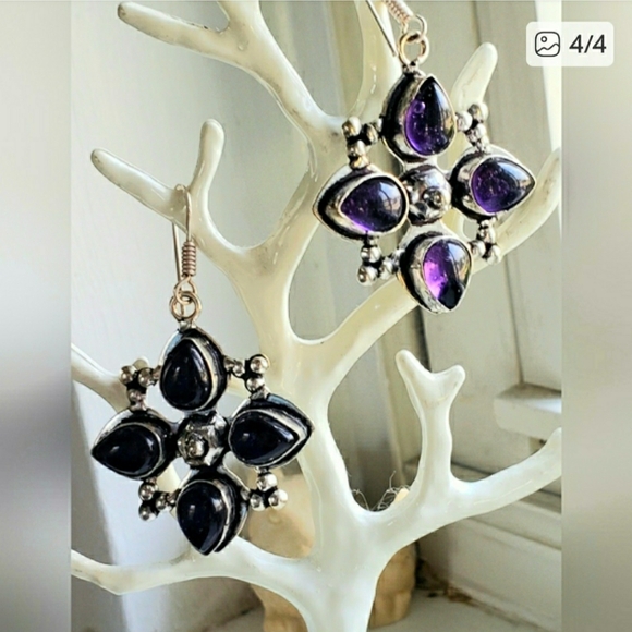 Handmade Jewelry - Earrings, new, huge amethysts set in 925 silver, handmade by Indian artisan.